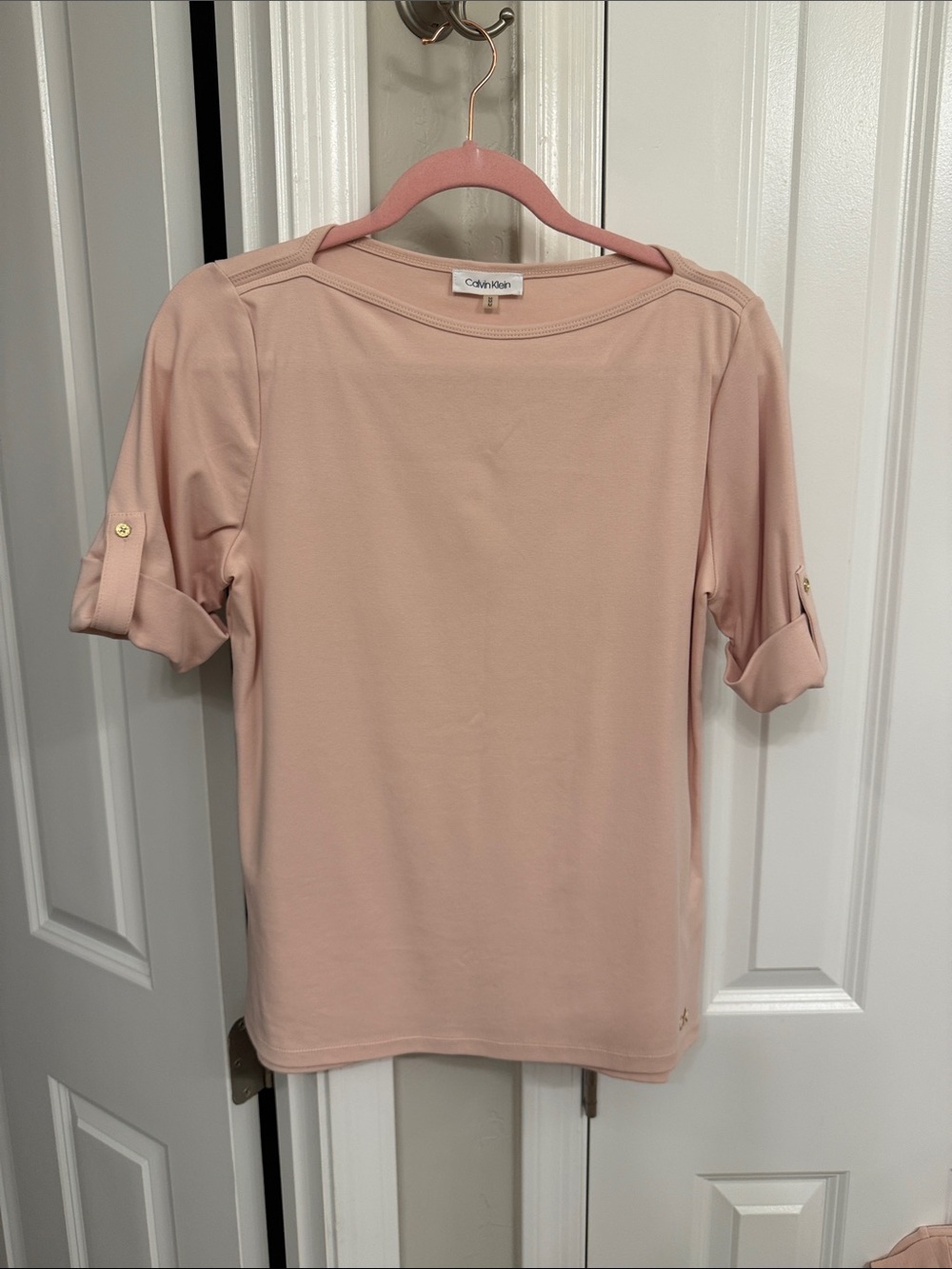 Calvin Klein Light Pink Roll-Tab Short Sleeve Boatneck Top